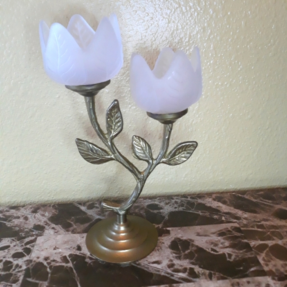 R.O.C. Taiwan Frosted Glass Brass 2 Tulip Candle Holder